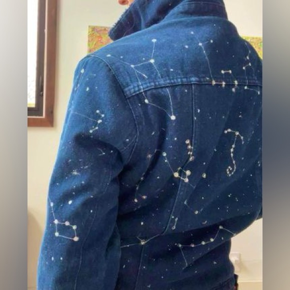 Hand painted silver Astrological Constellation Map on Denim Jean & Sherpa Jacket - Picture 2 of 9